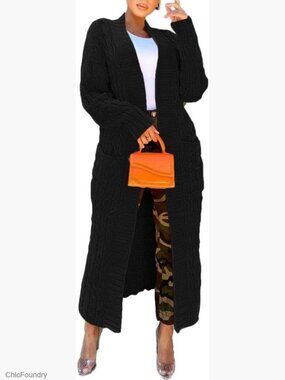Open Front Cable Knit Cardigan Long Sleeve Floor Length Oversized Sweater Coat
